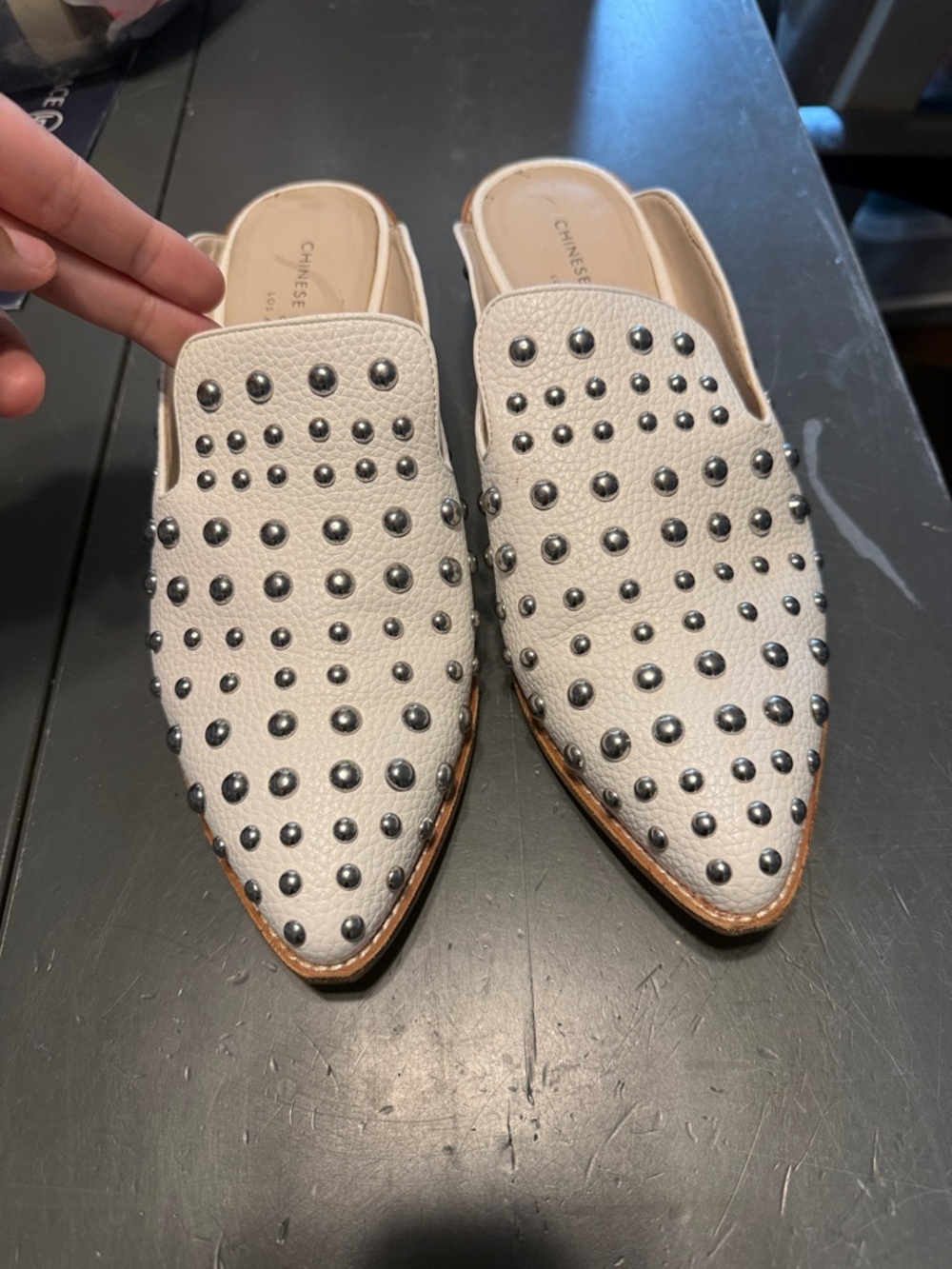 Chinese Laundry Cream Studded Pointed-Toe Slip-On Mules